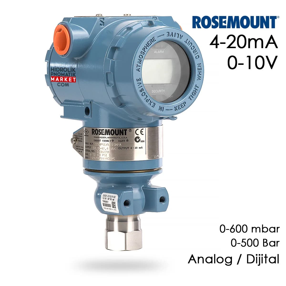 Rosemount 1151 Basınç Transmitteri 4-20 mA Analog 0-10V Dijital 12V 24V 220V 0-10 Bar, 50-300 Bar Basınç Sensörü